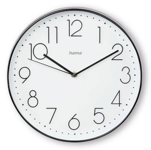Analoge Wanduhr mit schwarzem Rahmen und weißem Zifferblatt, zeigt etwa 10:10 an, mit integrierten Temperatur- und Feuchtigkeitsmessern am unteren Ende.