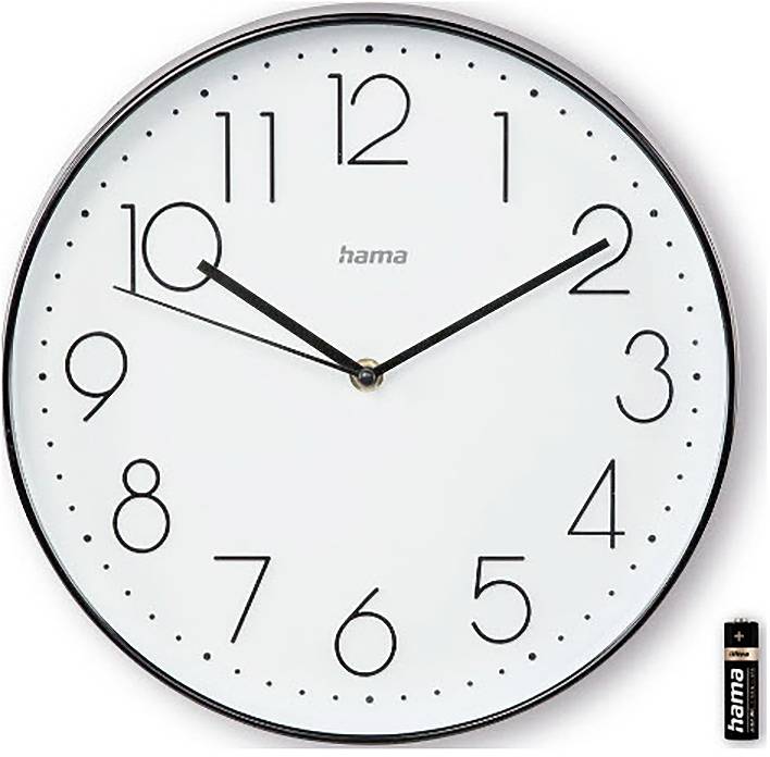 Analoge Wanduhr mit weißem Zifferblatt und schwarzen Ziffern, zeigt etwa 10:10; kleine Hama-Batterie unten rechts abgebildet.