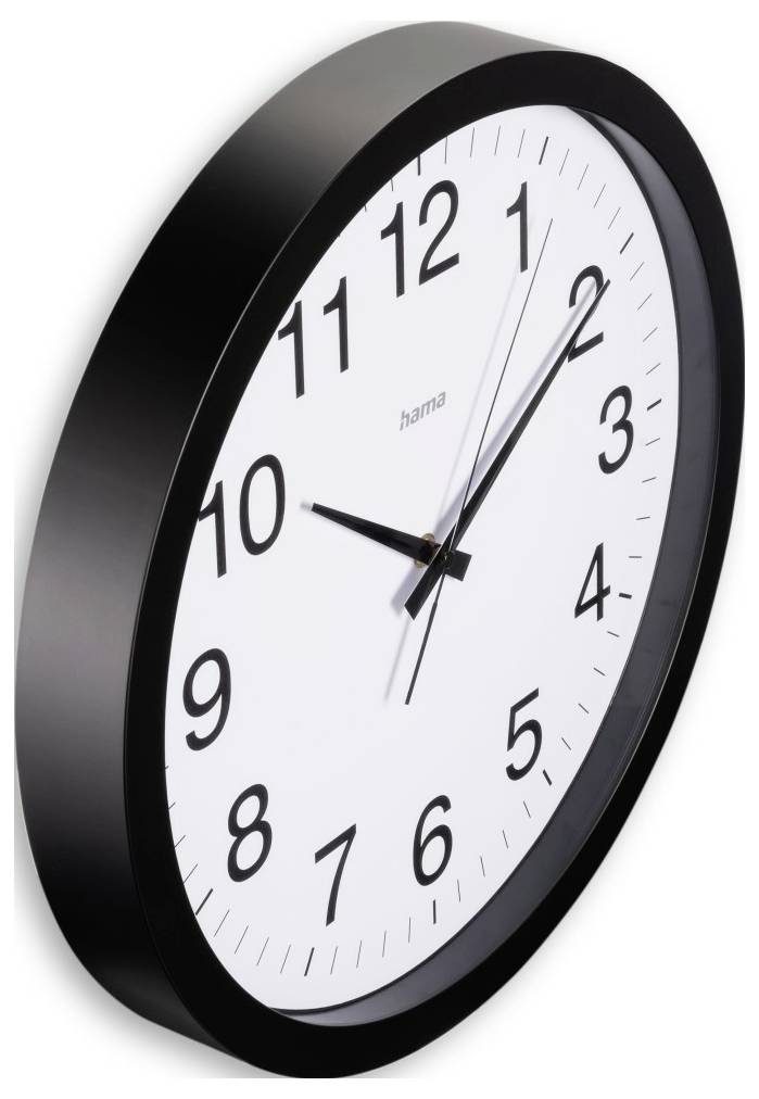 Nahaufnahme einer runden Wanduhr mit schwarzem Rahmen und weißem Zifferblatt, die ungefähr 10:10 Uhr anzeigt.