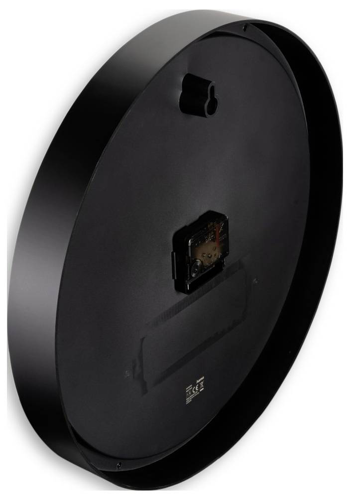 Rückansicht einer runden schwarzen Wanduhr mit sichtbarem Batteriefach und Aufhängeschlitz.