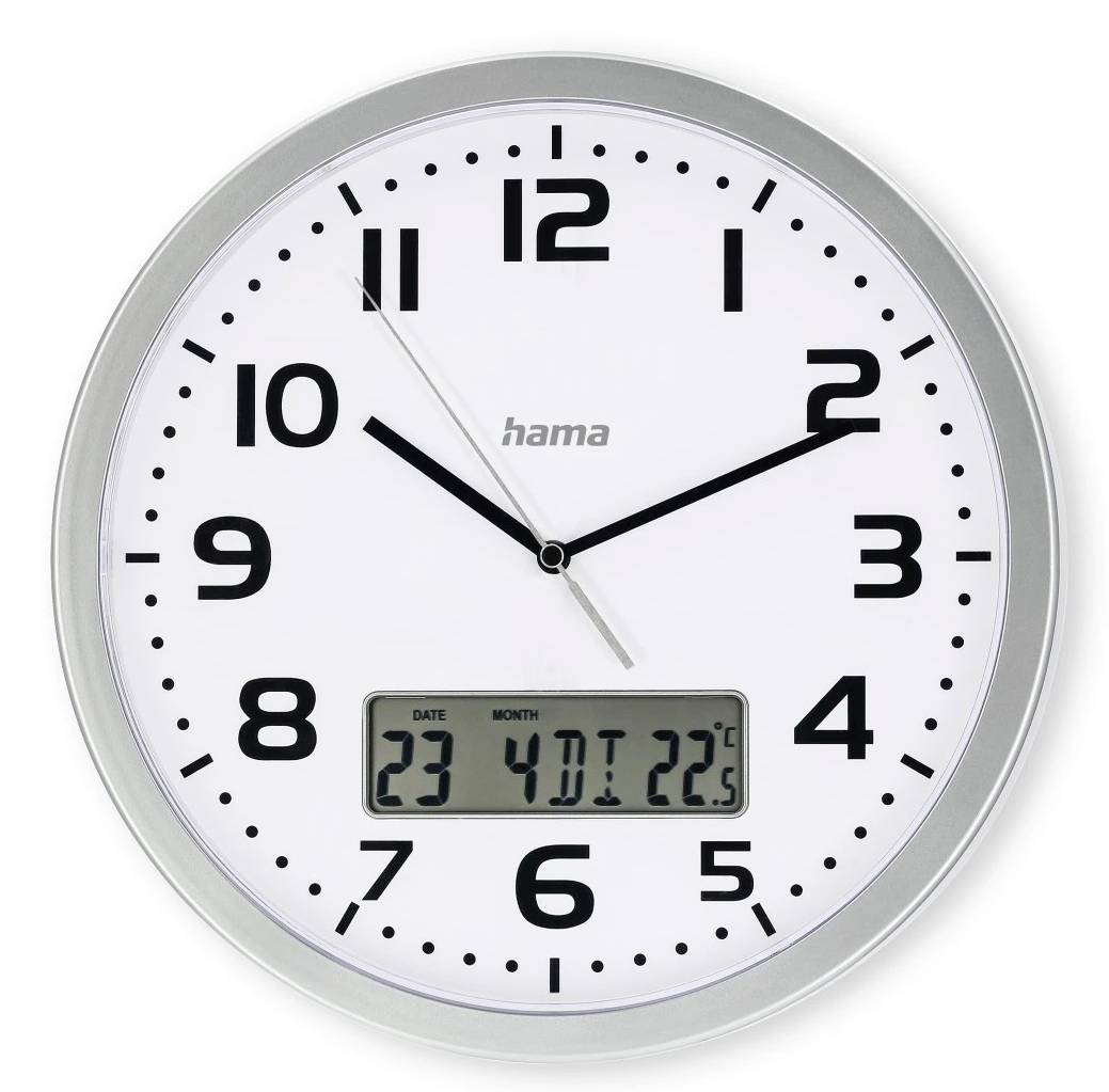Runde weiße Hama-Wanduhr mit schwarzen Ziffern und Zeigern, plus eine digitale Anzeige, die unten Datum und Temperatur anzeigt.