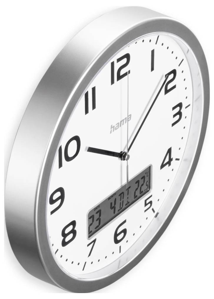 Wandmontierte analoge Uhr mit digitaler Datumsan­zeige, zeigt etwa 10:10 Uhr und das Datum 27.10.22.