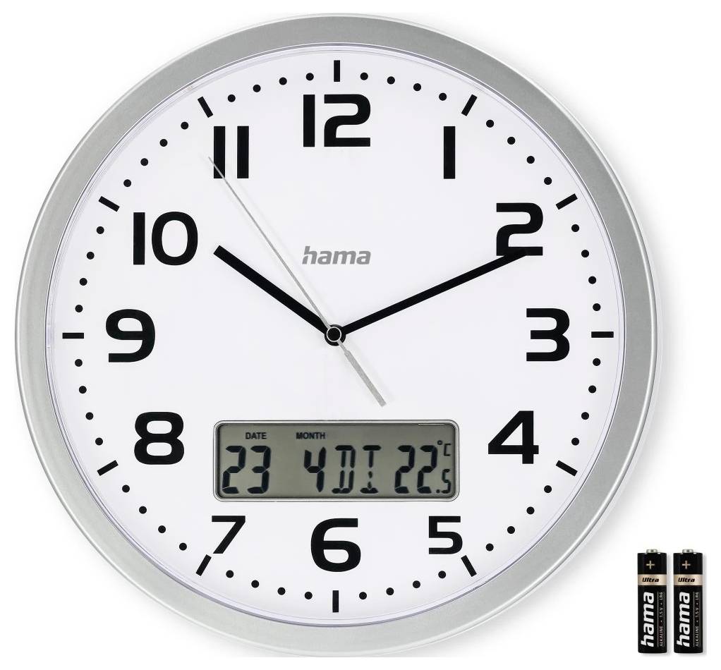 Wanduhr zeigt etwa 10:10 mit einem LCD-Display, das 23, 40 und 22,5 anzeigt, plus zwei AA-Batterien unten rechts.