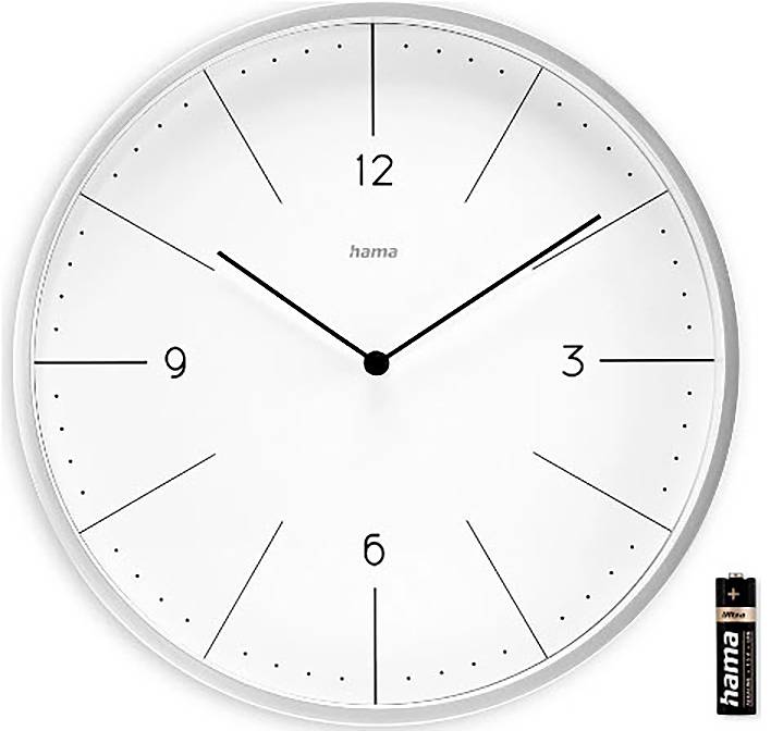 Weiße analoge Wanduhr mit schwarzen Zeigern und Ziffern, zeigt etwa 10:10; AA-Batterie im unteren rechten Bereich enthalten.
