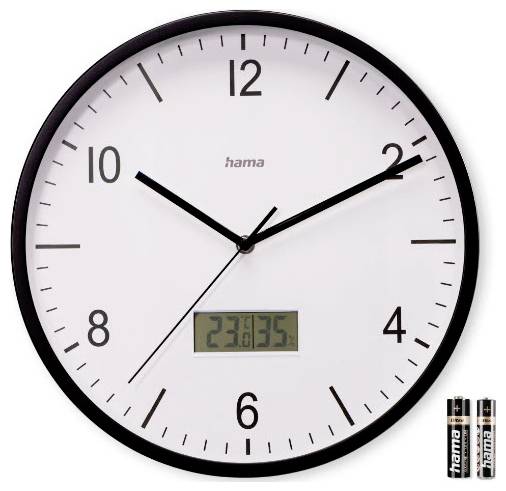 Analoge Wanduhr mit schwarzen Zeigern und Zahlen sowie einem kleinen digitalen Display, das die Uhrzeit und Temperatur anzeigt.