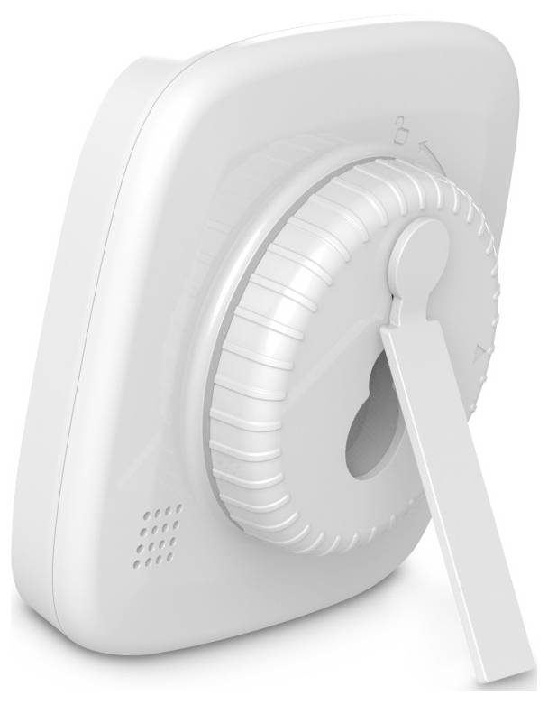Weißes, wandmontiertes verstellbares Thermostat mit einem großen Zifferblatt und einem Hebel, in Nahaufnahme vor einfachem Hintergrund dargestellt.