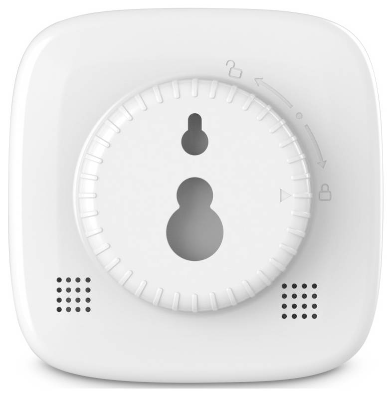 Wandtresor oder Lockbox in Weiß mit zentralem Kombinationszahlknopf und Markierungen zum Sperren/Entsperren.