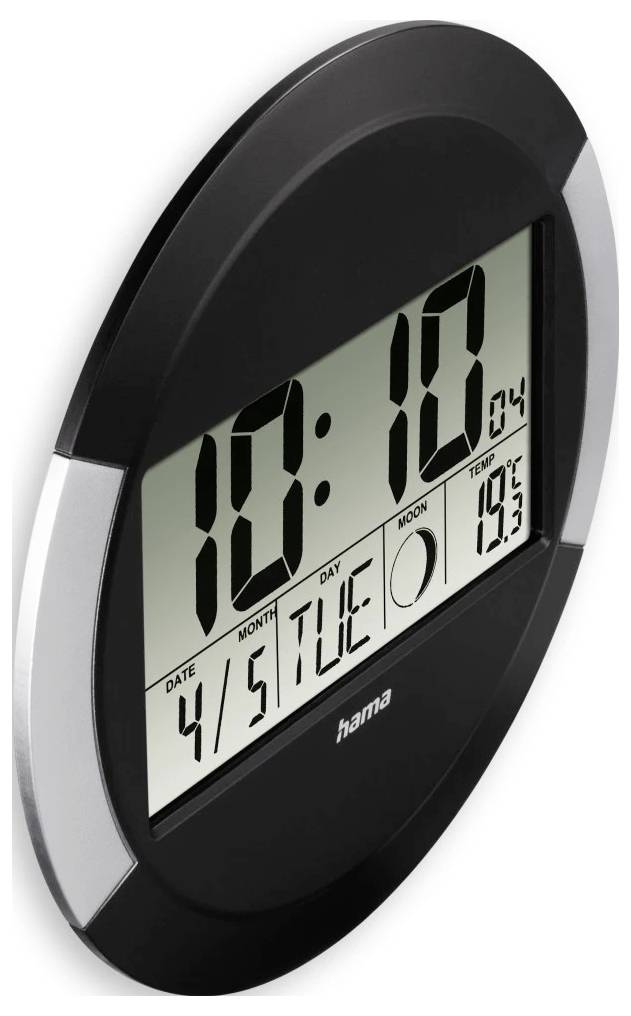 Runde schwarze digitale Wanduhr mit Zeitanzeige, Datum, Wochentag, Mondphase, Temperatur und Luftfeuchtigkeit.