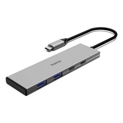 USB-C-Hub mit drei USB-A-Anschlüssen und angeschlossenem USB-C-Kabel, dargestellt auf weißem Hintergrund.