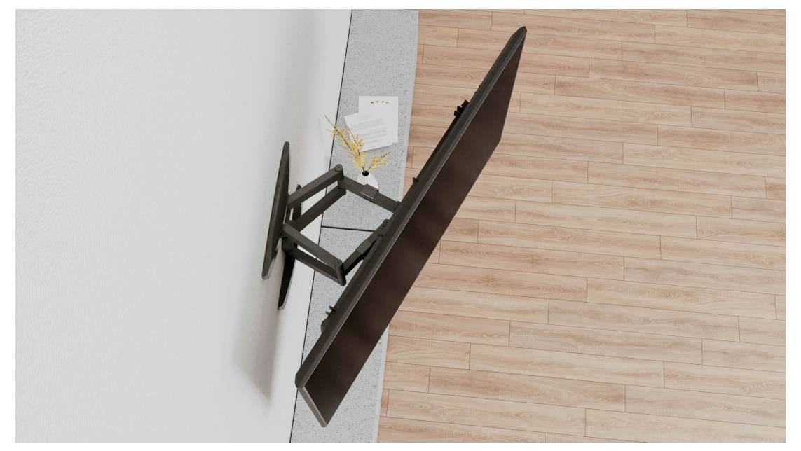 Seitenansicht eines an der Wand montierten Flachbildfernsehers auf einer verstellbaren Halterung, die von einer weißen Wand über einem Holzboden herausgezogen wird.