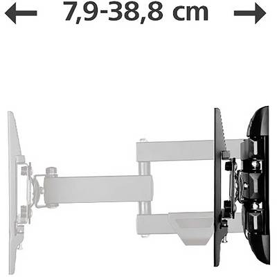 Verstellbare TV-Wandhalterung in der Seitenansicht dargestellt, mit gekennzeichnetem Ausziehbereich von 7,9-38,8 cm zwischen dem Fernseher und der Wand.