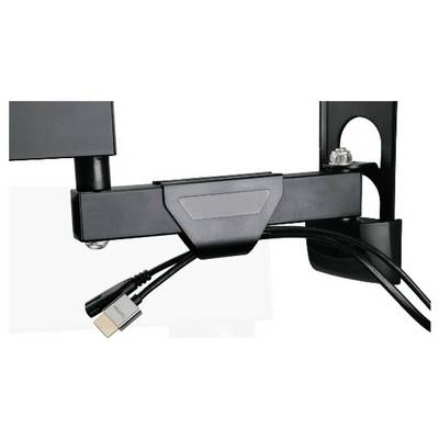 Nahaufnahme einer schwarzen verstellbaren Monitorhalterung mit Kabelmanagement, die ein HDMI-Kabel zeigt, das unter dem Arm verlegt ist.