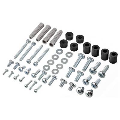 Sortiertes Wandmontagehardware-Set mit Kunststoffankern, Abstandhaltern, Unterlegscheiben und verschiedenen Schrauben/Bolzen auf weißem Hintergrund.