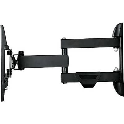 Schwarze Gelenkarm-Doppelarm-Wandhalterung für Fernseher in ausgefahrenem Profil dargestellt, mit einer Halterung auf der linken Seite und der Rückplatte auf der rechten Seite.