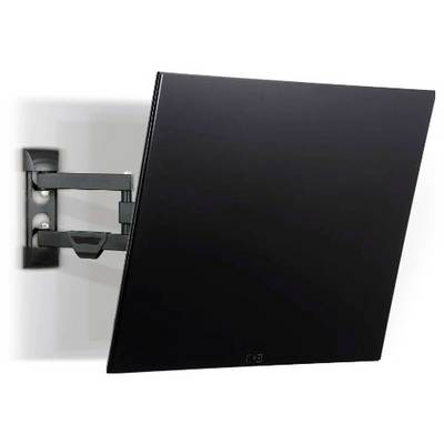 Schwarzer Flachbildfernseher an der Wand montiert mit einem verstellbaren Schwenkarm, in Seitenansicht vor weißem Hintergrund dargestellt.