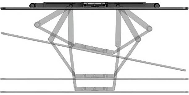 Diagramm eines klappbaren Laptop-Ständers mit gelenktigen Stützarmen, die sich ausfahren, um einen Laptop in einer geneigten Position zu halten.