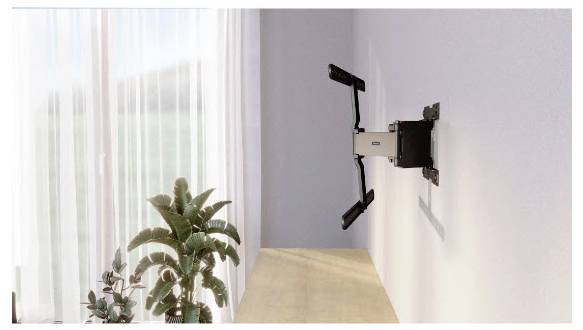 Flachbildfernseh-Wandhalterung an einer weißen Wand über einem hölzernen Medienregal installiert, mit Topfpflanzen neben einem sonnigen Fenster auf der linken Seite.