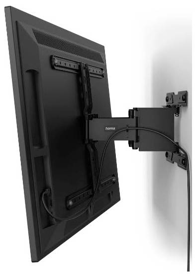 Flachbild-Fernseher an einer Wand montiert mit ausziehbarem, gelenkigem Halterungsarm und Kabelmanagement-Arm.