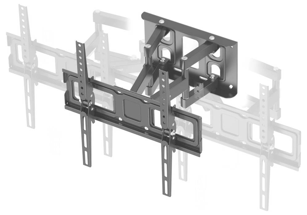 3D-Illustration einer TV-Wandhalterung mit verstellbaren vertikalen Schienen und Platte, dargestellt in Dunkelgrau mit verblassten Geisterpositionierungen dahinter.