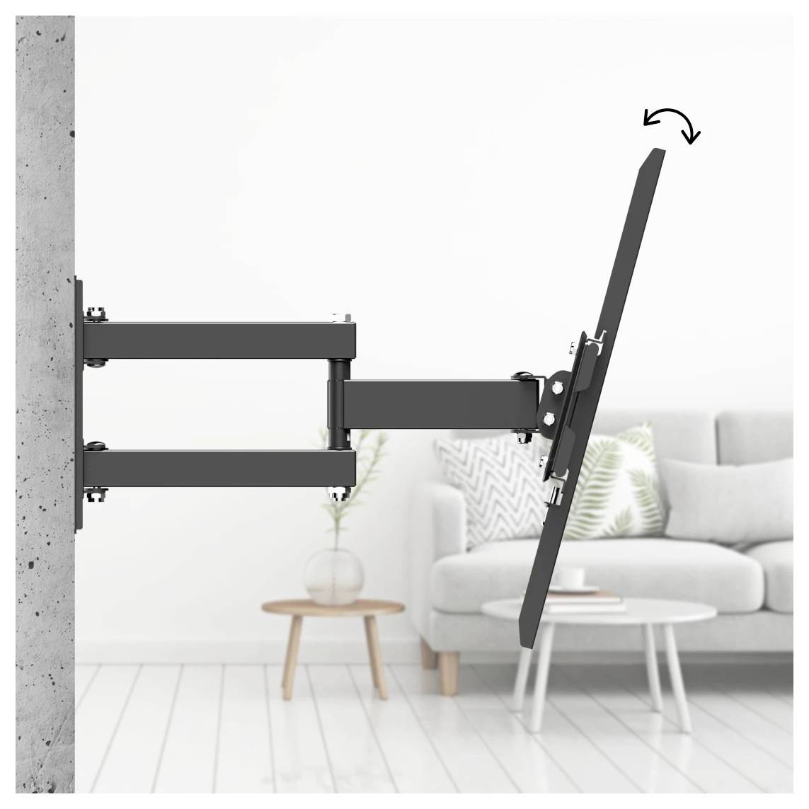 Verstellbare wandmontierte TV-Halterung, die einen Flachbildschirm im Wohnzimmer hält, mit einem Pfeil, der zeigt, dass der Bildschirm nach links oder rechts schwenken kann.