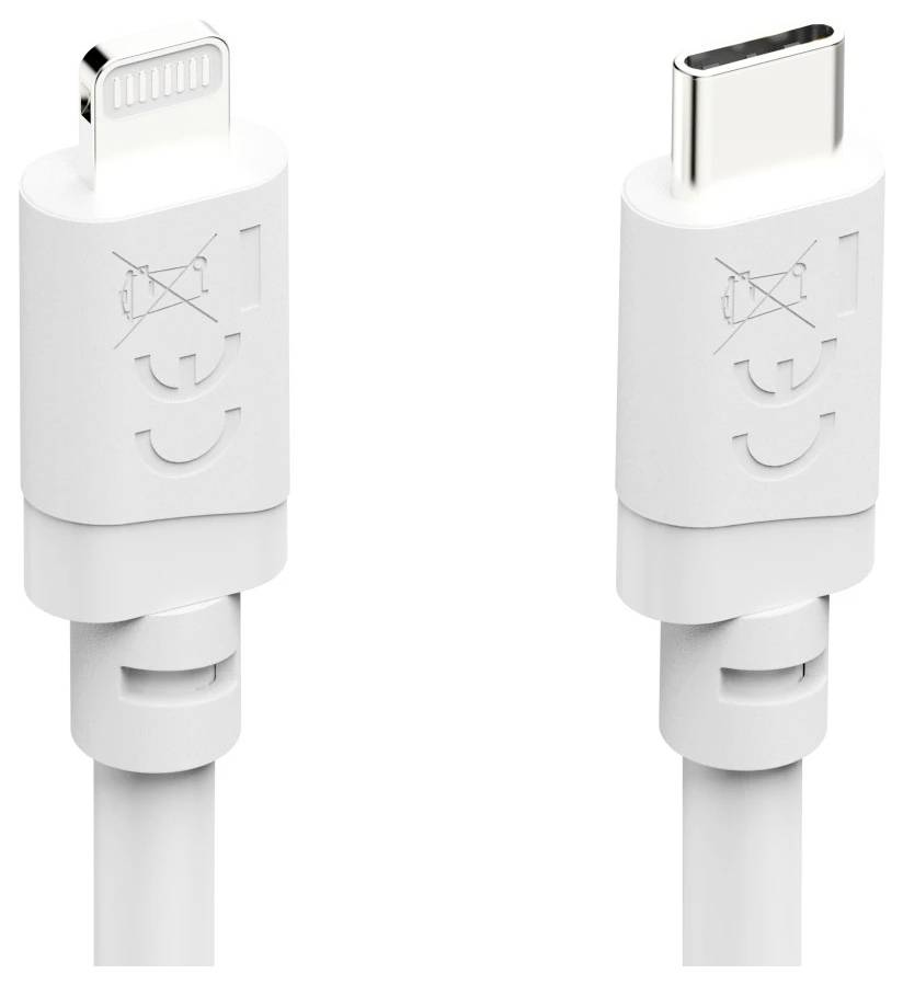 Zwei weiße Ladekabel nebeneinander dargestellt: Lightning-Anschluss auf der linken Seite und USB-C-Anschluss auf der rechten Seite.