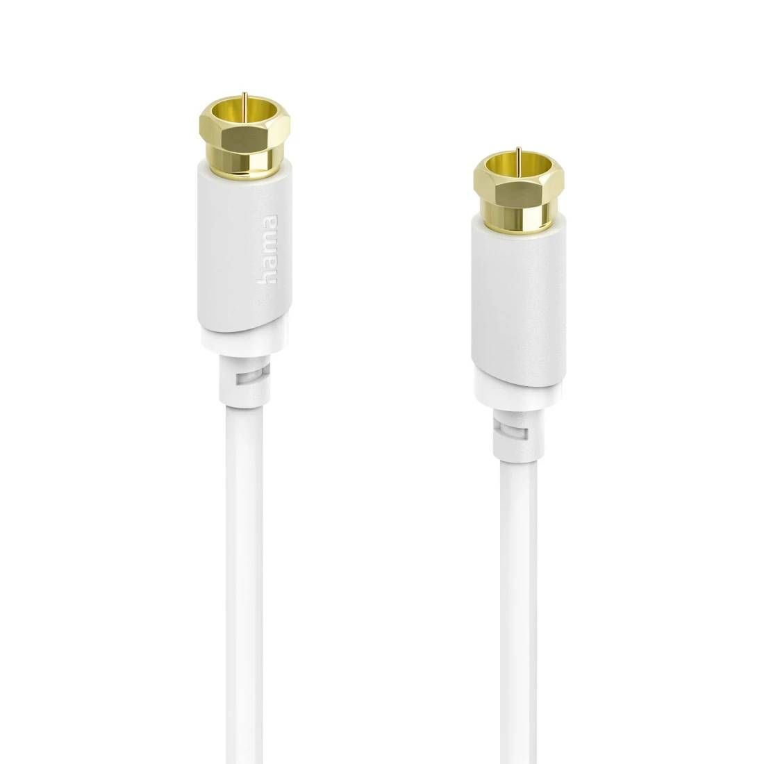 Zwei weiße koaxiale Audiokabelstecker mit vergoldeten Enden auf einem schlichten weißen Hintergrund.