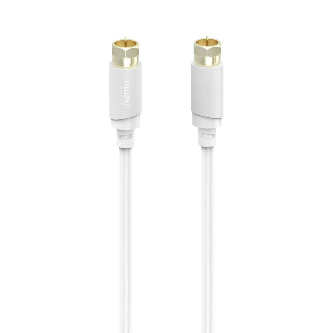 Weißes Audiokabel mit zwei goldfarbenen RCA-Steckern auf neutralem Hintergrund.