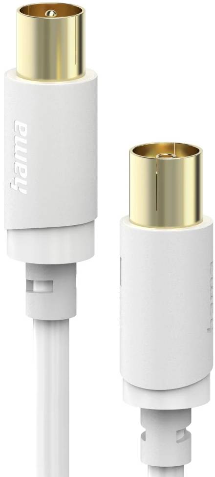 Zwei weiße Hama-Koaxialkabelstecker mit vergoldeten Enden, nebeneinander auf weißem Hintergrund dargestellt.