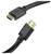 Zwei HDMI-Kabelstecker auf weißem Hintergrund, ein Ende angewinkelt, um den vergoldeten Stecker zu zeigen.