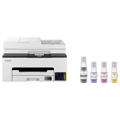 Canon Multifunktionsdrucker mit vier Nachfülltintenfläschchen daneben, gekennzeichnet für schwarze, cyan-, magenta- und gelbe Drucke.