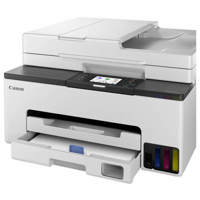 Canon Multifunktionsdrucker mit Scanneroberdeckel, Touchscreen-Bedienfeldern, Papierfach und sichtbaren Tintentanks auf der Vorderseite rechts.