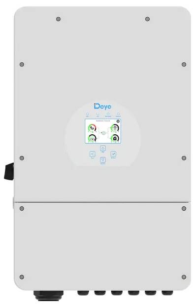 Weiße Deye-Wandinstallations-Elektrosteuerkiste mit kleinem zentralem Display und Kontrollleuchten, von vorne gezeigt.