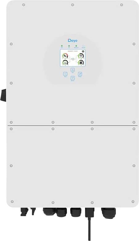 Wandmontierte weiße elektrische Schalttafel mit kleinem zentralem Display und sichtbaren Kabeln und Steckverbindern unten.
