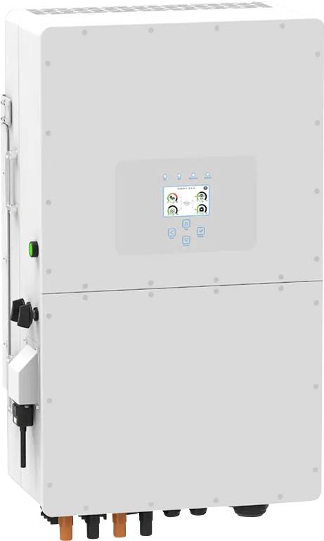 Weiße, an der Wand montierte elektrische Schaltzentrale mit kleinem Touchscreen-Display und Kabelanschlüssen darunter.