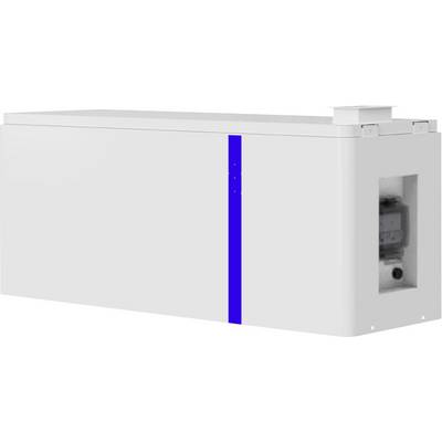 Weißes rechteckiges Batteriepaket mit einem blauen vertikalen Streifen und einem Anschlussport am rechten Ende, dargestellt auf einem einfachen Hintergrund.