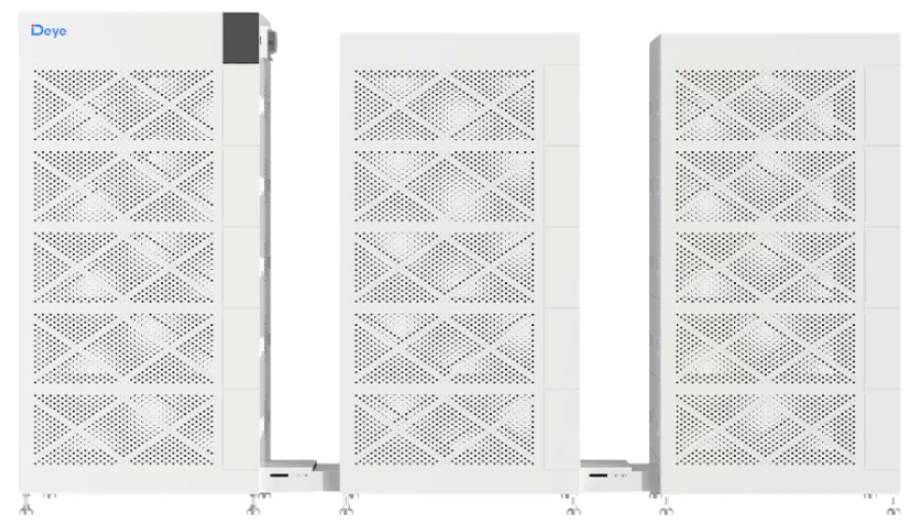 Drei weiße Deye-Energiespeicherbatteriemodule nebeneinander angeordnet, jedes Gerät ist eine hohe belüftete Einheit mit kleinen Anzeigeständern.