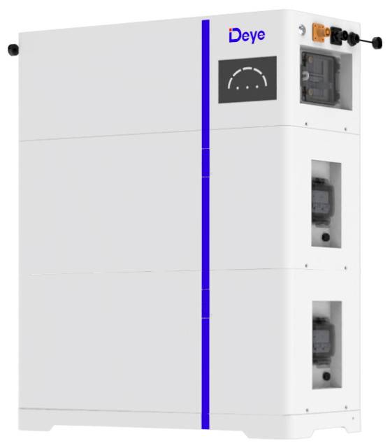 Weißer Deye-Batteriespeicherschrank mit blauem vertikalen Streifen, oberes Display und seitliche Inspektionsfenster, auf neutralem Hintergrund dargestellt.