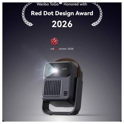 Wanbo ToGo Projektor mit Red Dot Design Award 2026 ausgezeichnet, dargestellt als elegantes kompaktes Gerät unter Award-Lorbeergrafiken.