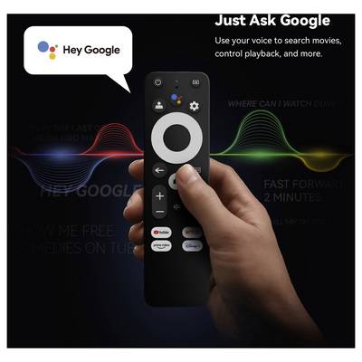 Hand hält eine Google TV-Sprachfernbedienung mit der Aufforderung "Hey Google" und dem Text "Frag einfach Google", um Sprachsteuerung für Suche und Wiedergabe zu fördern.