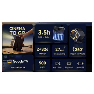 Werbegrafik für einen tragbaren Projektor mit Google TV und Android 14, der eine eingebaute Batterie von 3,5 Stunden, 2+32G Speicher, 27dB leiser Kühlanlage, 500 ANSI Helligkeit, Autofokus, Keystone-Korrektur und 360°-Projektionswinkel hervorhebt.