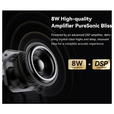 Werbegrafik eines Lautsprechers mit dem Text „8W Hochwertiger Verstärker PureSonic Bliss" und „8W + DSP-Audio-Engine", die klarere Höhen und tiefe Bässe hervorhebt.