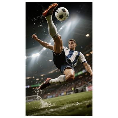 Fußballspieler in argentinischem Trikot führt einen dramatischen Fallrückzieher im Stadion aus, wobei der Ball über ihm fliegt.