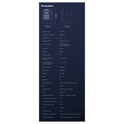 Produktparameterabelle für einen Yoto Pro Projektor, der Abmessungen, Spezifikationen, Konnektivität und Funktionen auf dunklem Hintergrund zeigt.