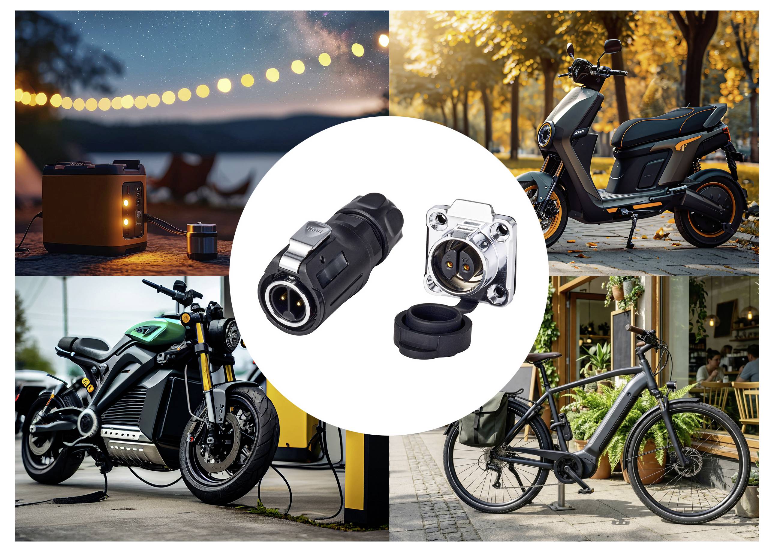 Motorrad- und E-Bike-Ladeanschluss, dargestellt in einem zentralen Kreis, umgeben von Szenen zum Laden von Elektro-Rollern, Motorrädern und einem E-Bike im Freien und an einer Ladestation.