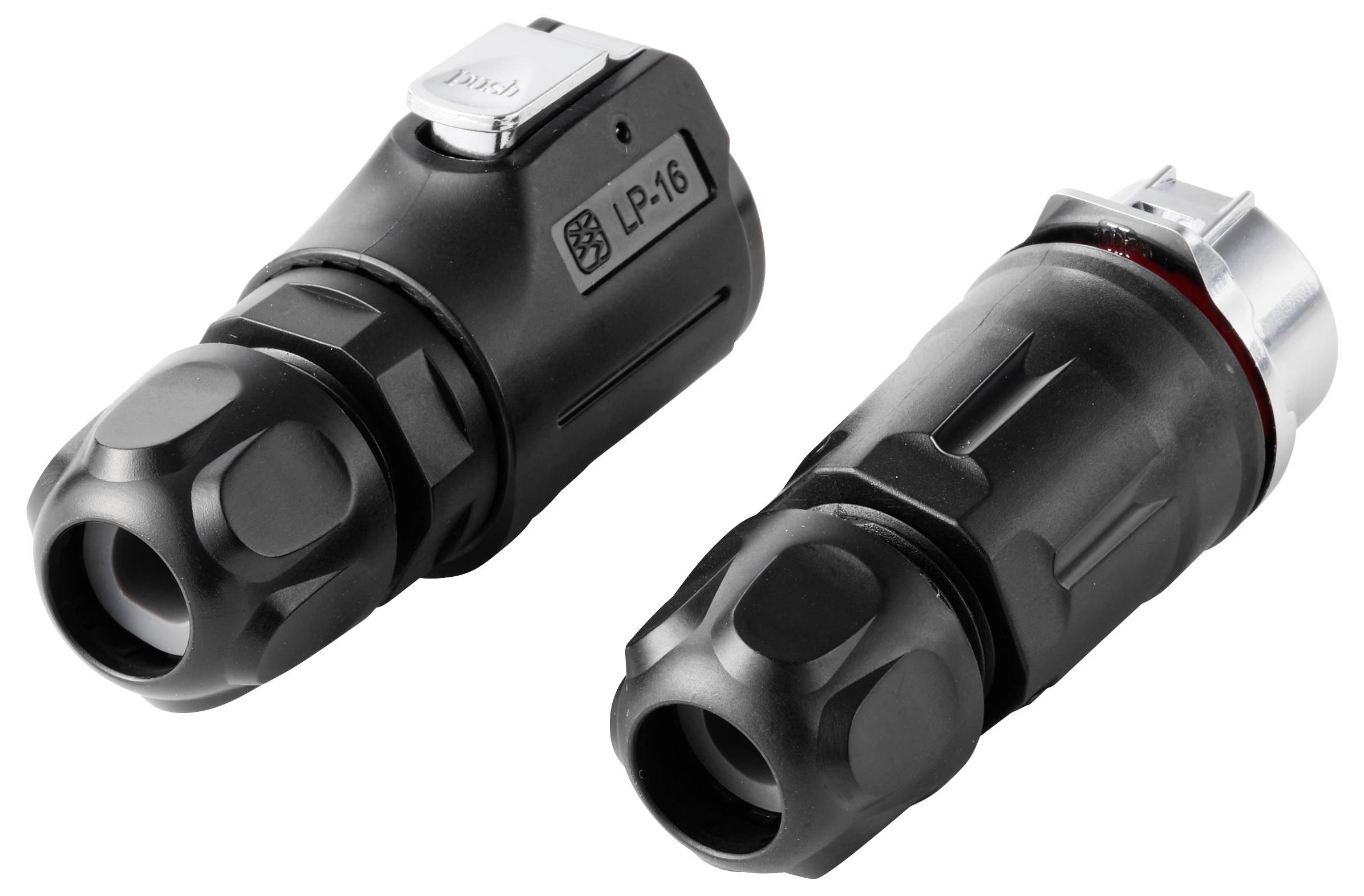 Zwei schwarze zylindrische Elektrokakelstecker, die nebeneinander auf weißem Hintergrund angezeigt werden, einer mit der Beschriftung LP-16.