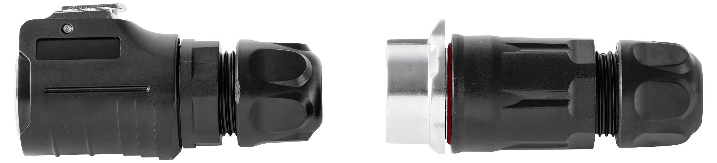 Nebeneinander angeordnete Nahaufnahme von zwei schwarzen zylindrischen Steckverbinderfittings, eines mit einer silbernen Metallmanschette, auf weißem Hintergrund.