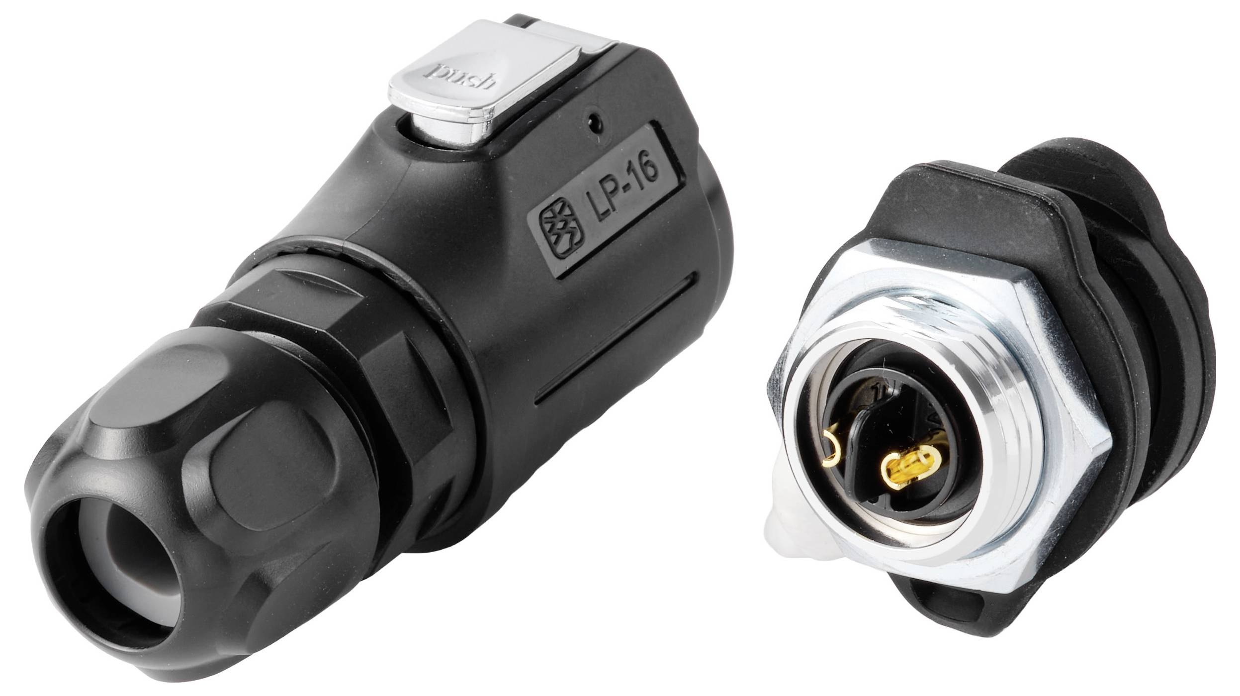 Zwei Ansichten eines schwarzen und silbernen kreisförmigen elektrischen Steckers, die den Stecker und die Frontplattenbuchse mit freiliegenden Kontakten zeigen.
