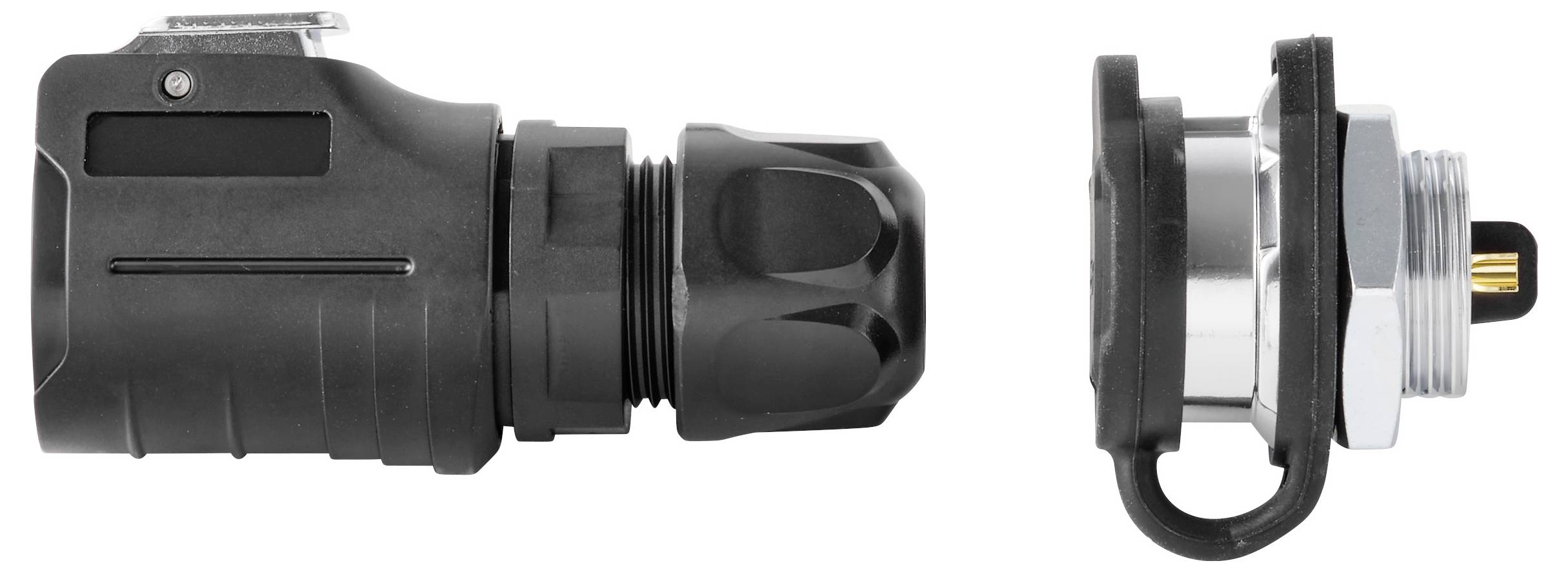 Zwei Ansichten eines schwarzen Elektrosteckers: ein zylindrischer Stecker auf der linken Seite und eine Gewinde-Paneelmontage-Buchse auf der rechten Seite mit einer Schutzleine.