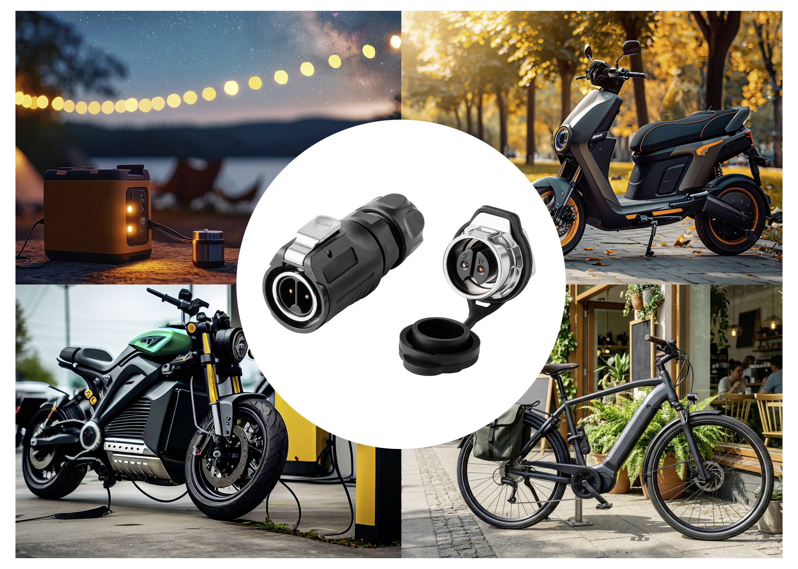 Collage aus Szenen zum Laden von E-Rollern, Motorrädern und E-Bikes, zentriert auf zwei Nahaufnahmen von Ladesteckern mit Schutzdeckeln.