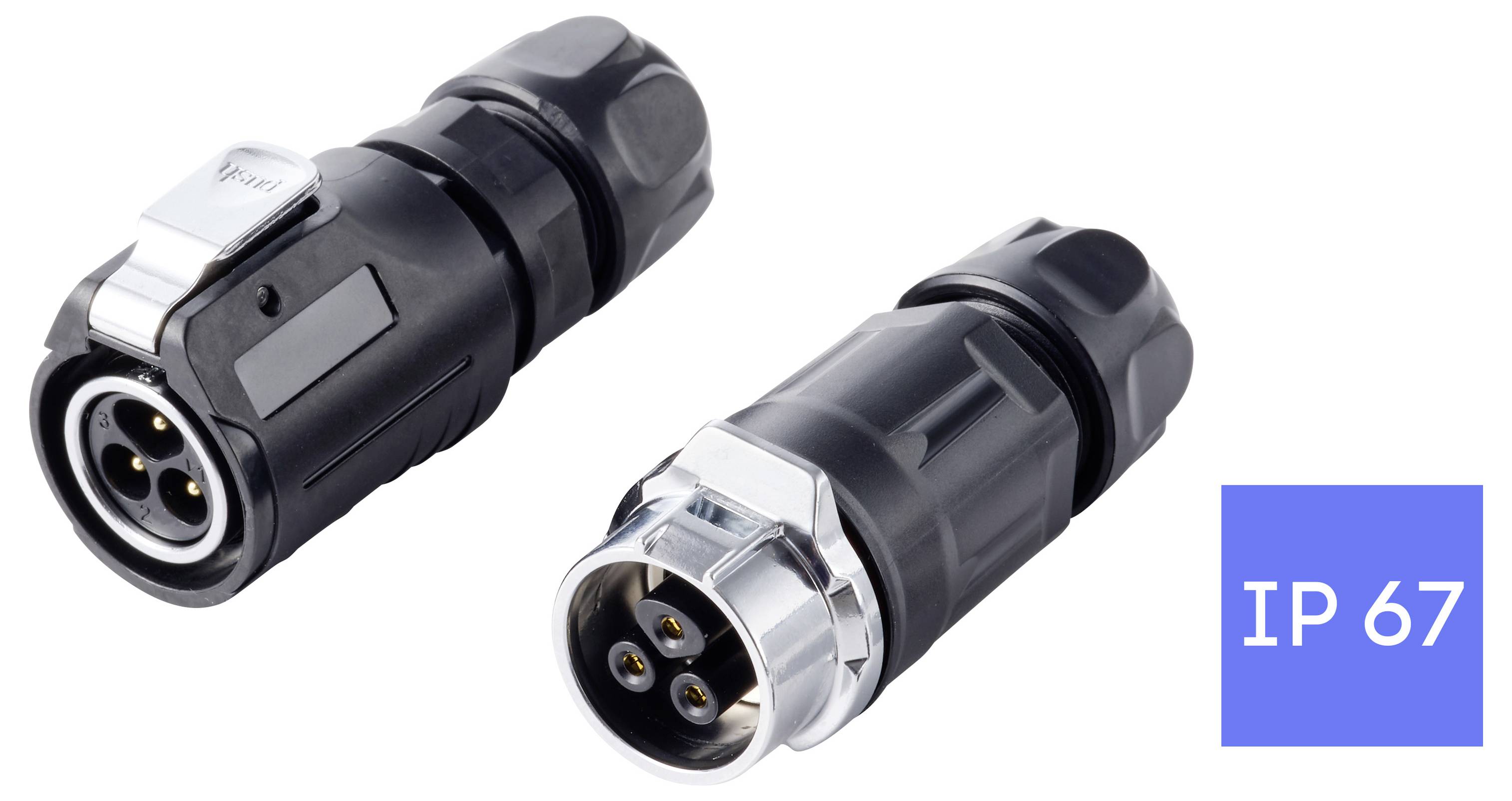 Zwei schwarze runde wasserdichte Kabelstecker auf weißem Hintergrund dargestellt, mit der Bezeichnung IP67.